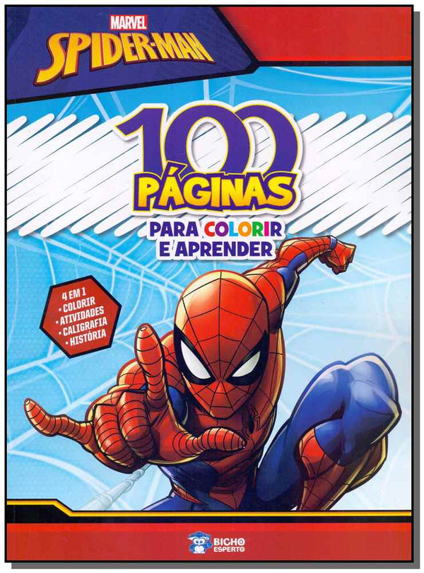 Capa do livro Marvel Spider-Man - 100 Paginas para Colorir e Aprender, de Editora Bicho Esperto