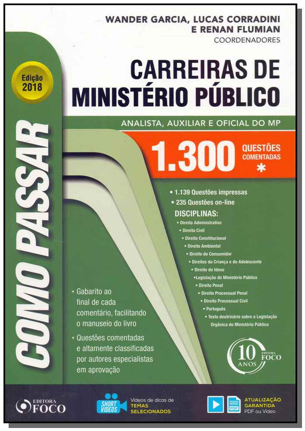 Capa do livro Como Passar em Carreiras de Ministério Público, de Garcia; Corradini e Flumian